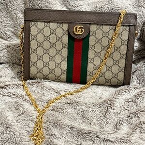 Gucci Beige and Brown Clutch with Gold Chain
